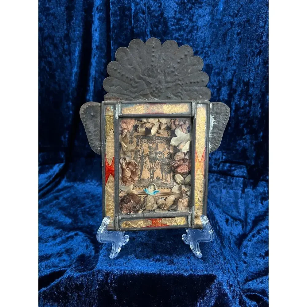 Vintage Metal Religious Shadow Box – Crucifixion Dried Flower Folk Art Shrine